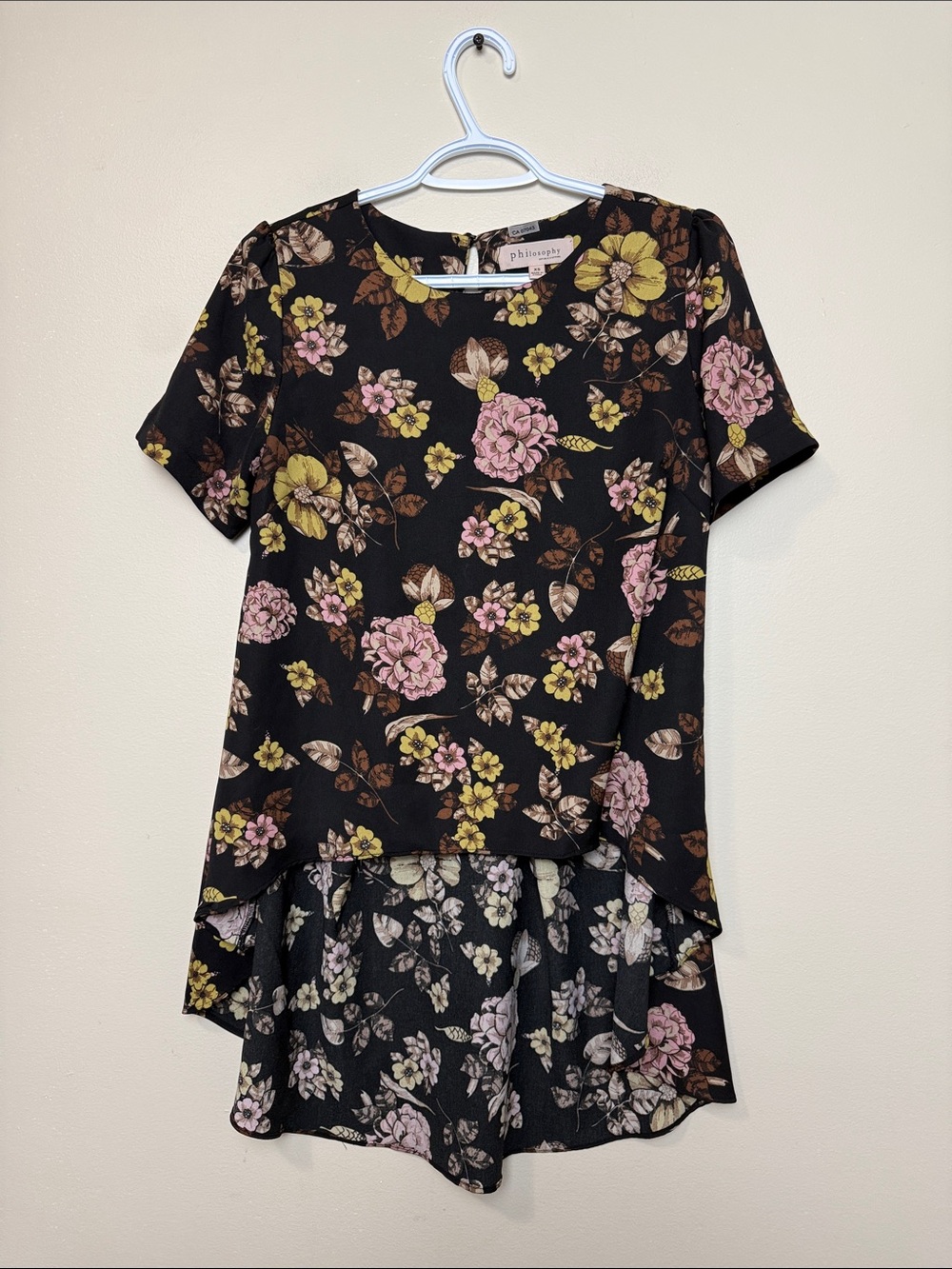 Philosophy Black Floral High-Low Dress with Pink & Yellow Blooms size XS